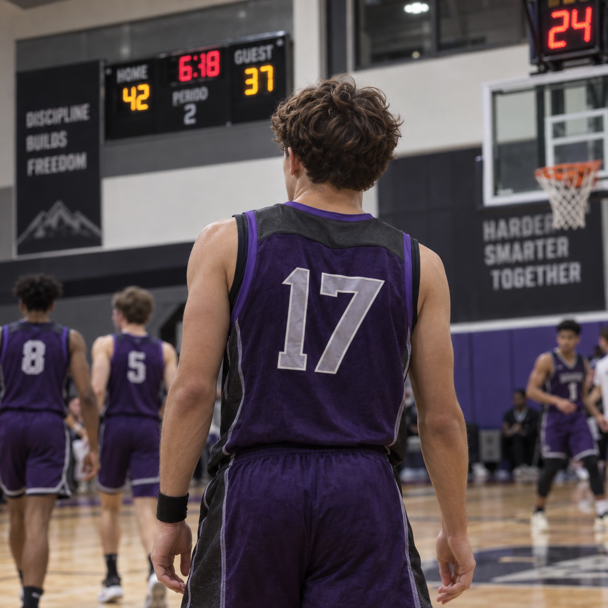 Basketball player wearing a numbered purple jersey