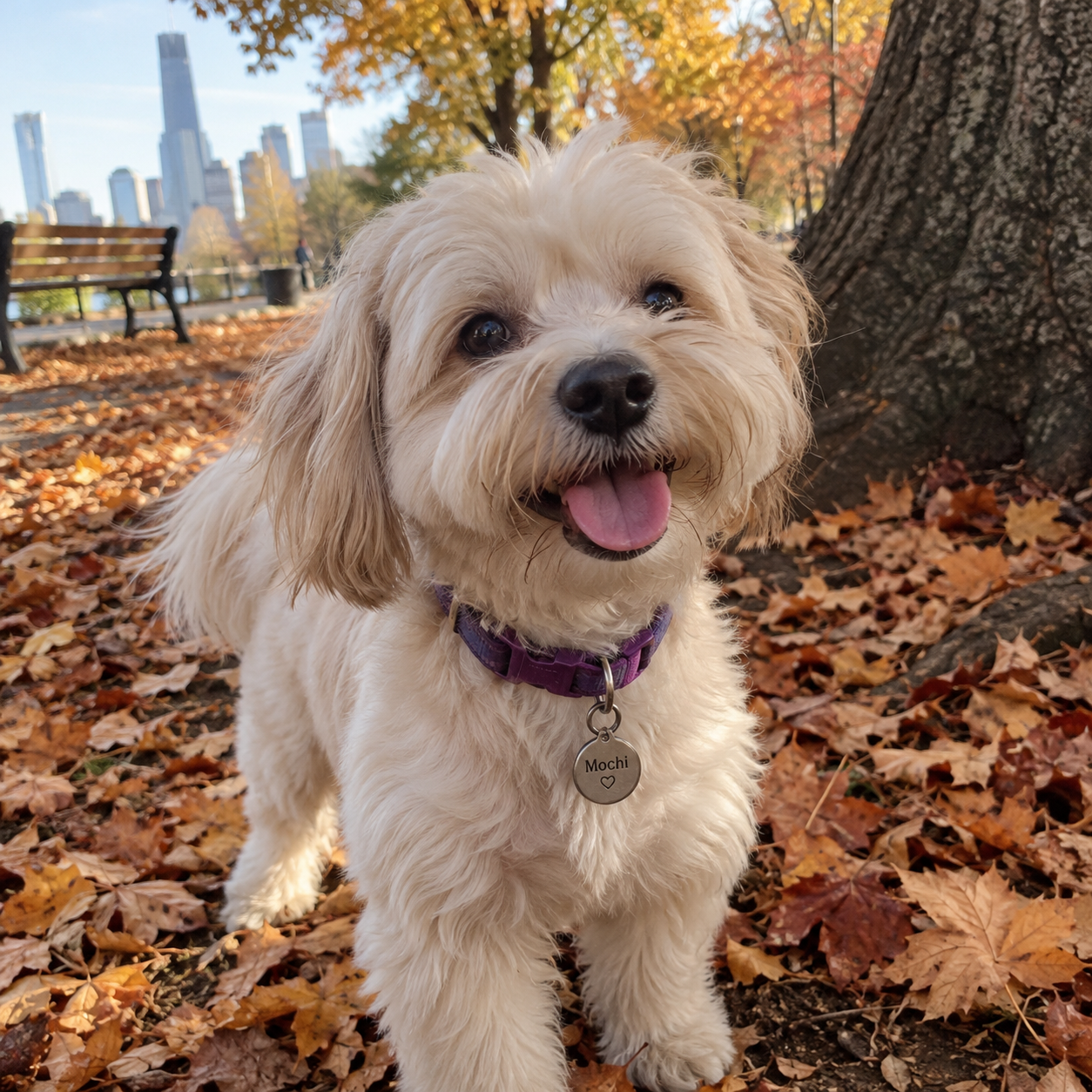 Cream-colored dog with a collar tag